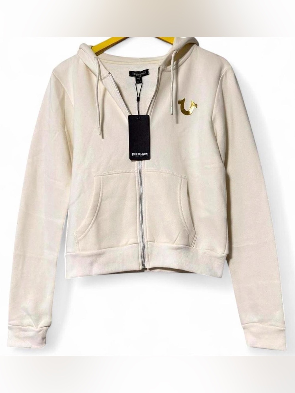 True Religion cream cropped hoodie with gold logo size small